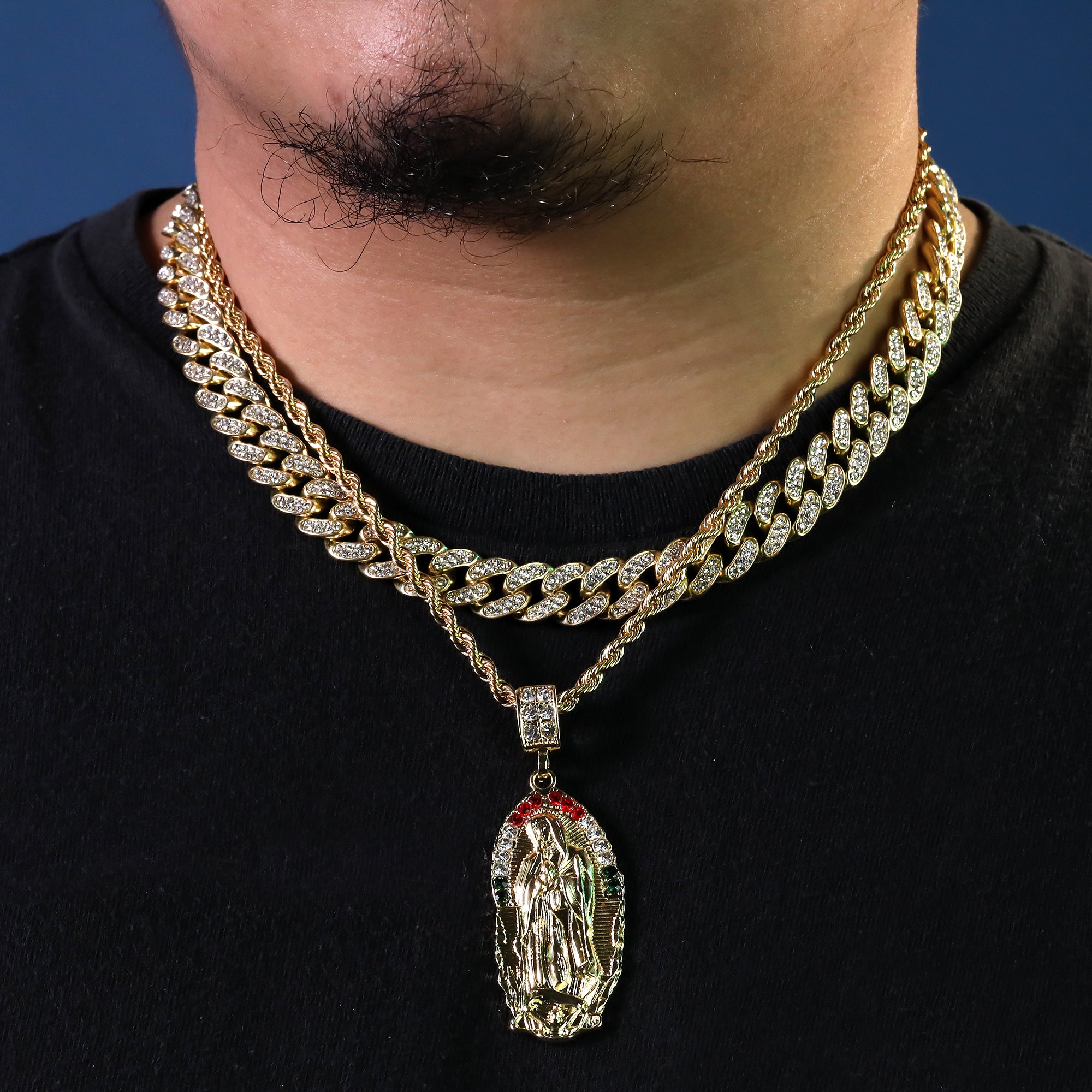Cz Wave Oval Mexican Color Guadalupe Pendant 14k Gold PT 20" Cuban & Rope Chain