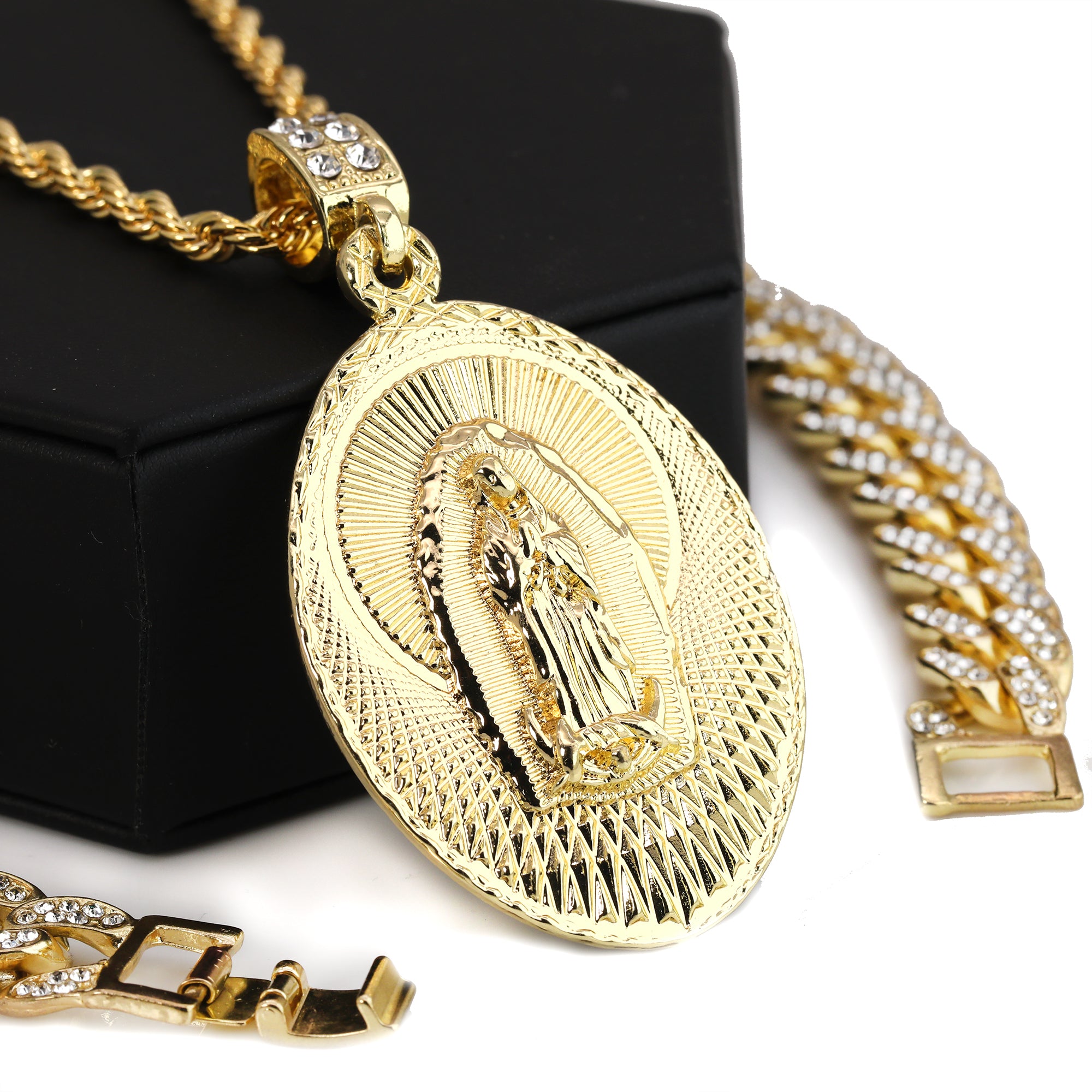 Plain Wide Oval Guadalupe Pendant 14k Gold PT 20" Cuban & Rope Chain