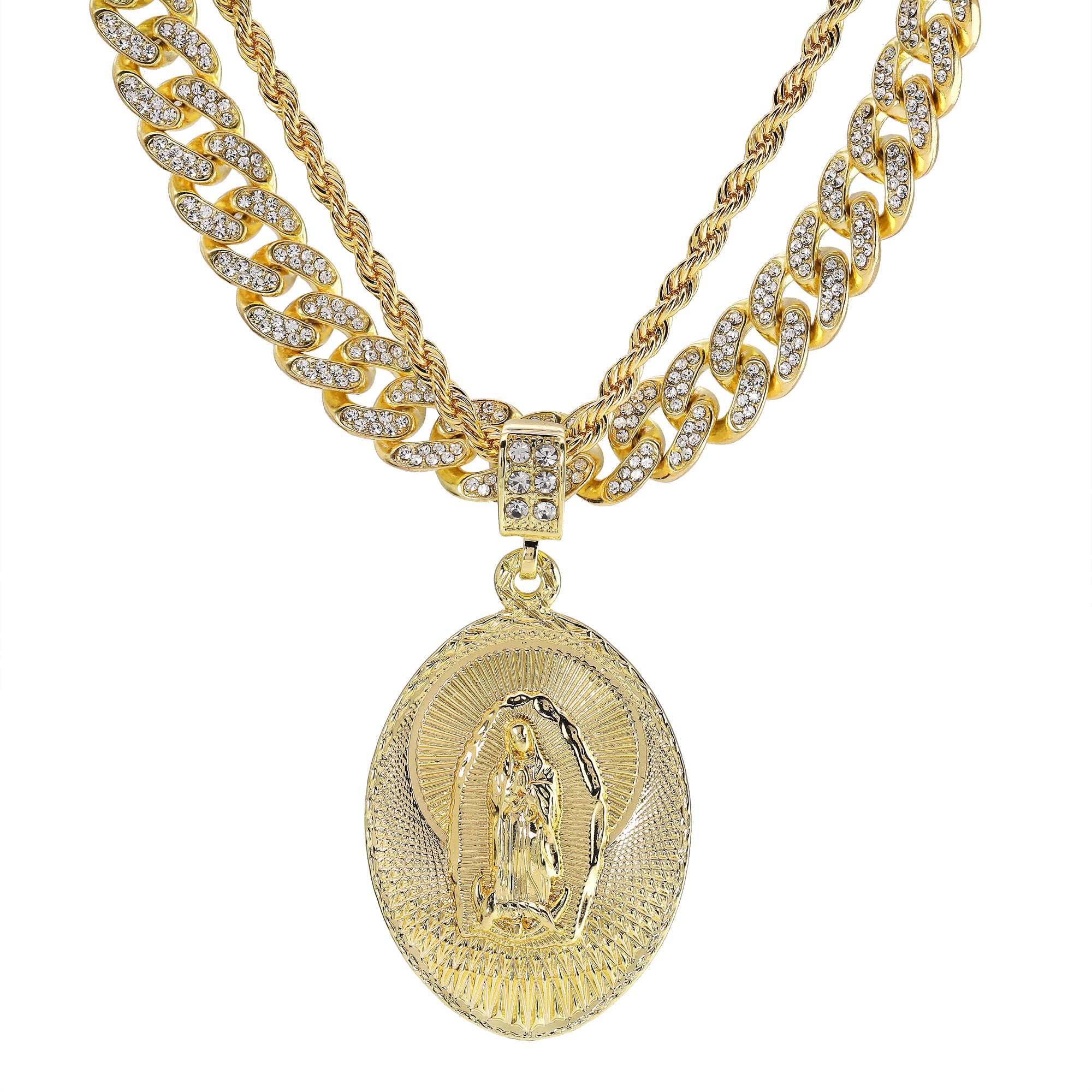 Plain Wide Oval Guadalupe Pendant 14k Gold PT 20" Cuban & Rope Chain