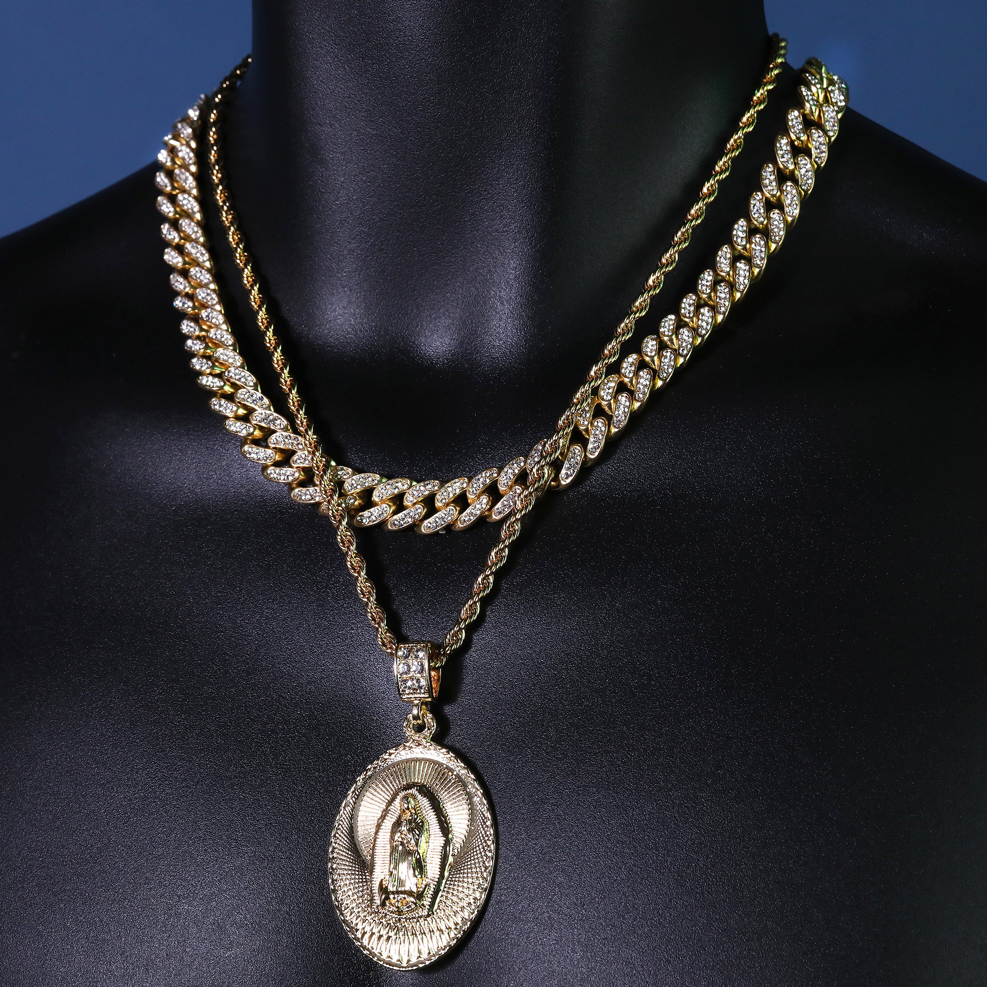 Plain Wide Oval Guadalupe Pendant 14k Gold PT 20" Cuban & Rope Chain