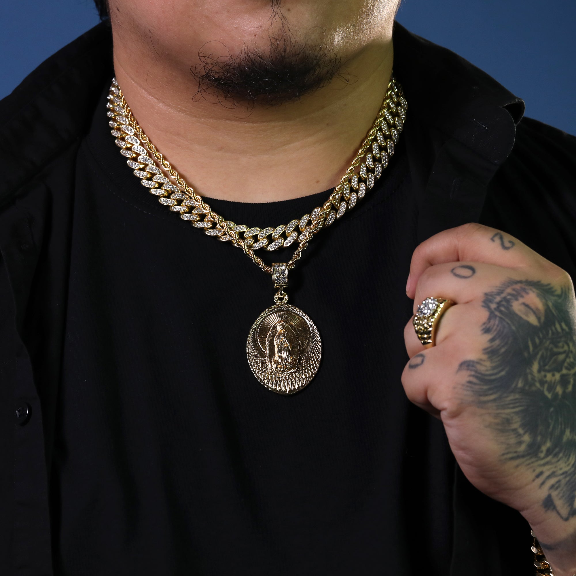 Plain Wide Oval Guadalupe Pendant 14k Gold PT 20" Cuban & Rope Chain