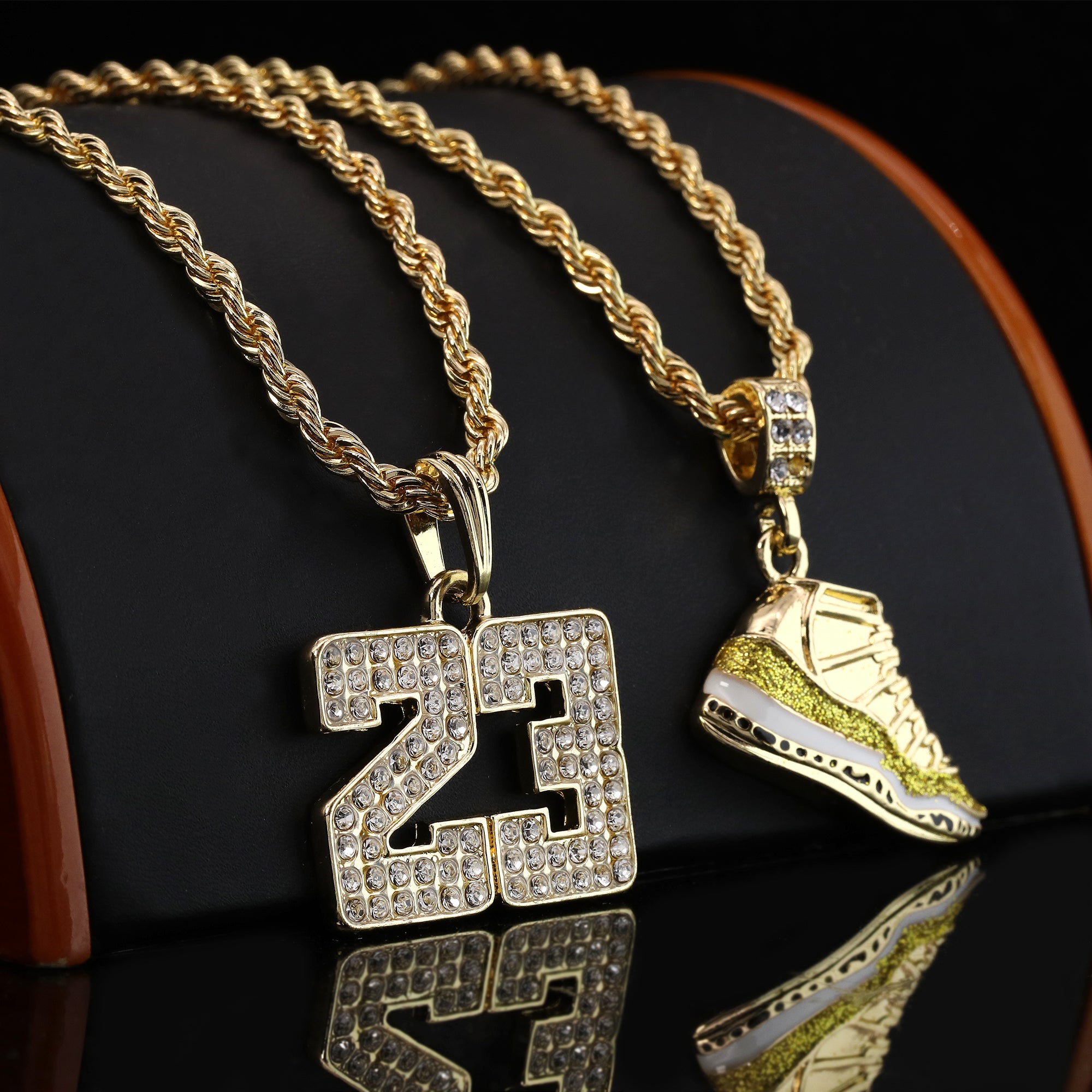 23 & Championship Shoe Pendant Men's Gold Plated 24" Rope Chain Hip-Hop Necklace