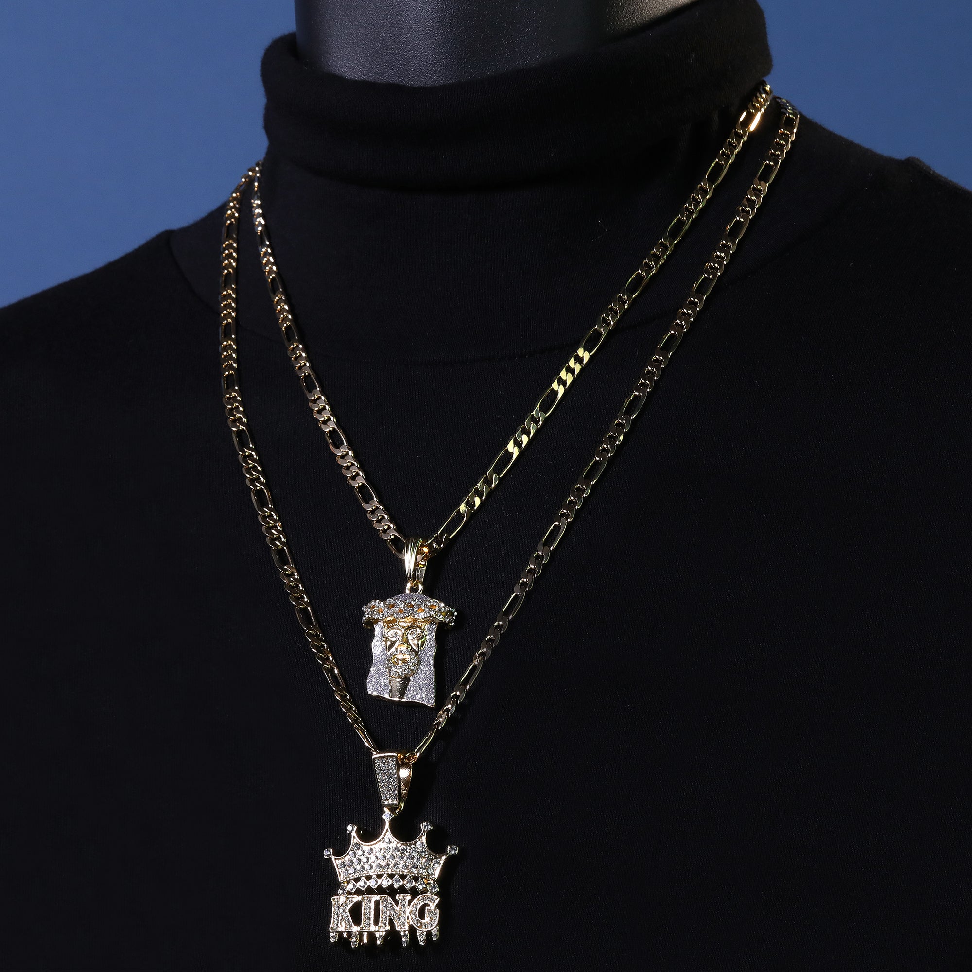 Jesus Stardust Face & King Drip Pendant 20, 24" Cubic-Zirconia Gold Plated