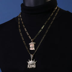 Jesus Face Peach & King Drip Pendant 20, 24" Cubic-Zirconia Gold Plated