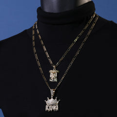 Jesus PlainFace & King Drip Pendant 20, 24" Cubic-Zirconia Gold Plated