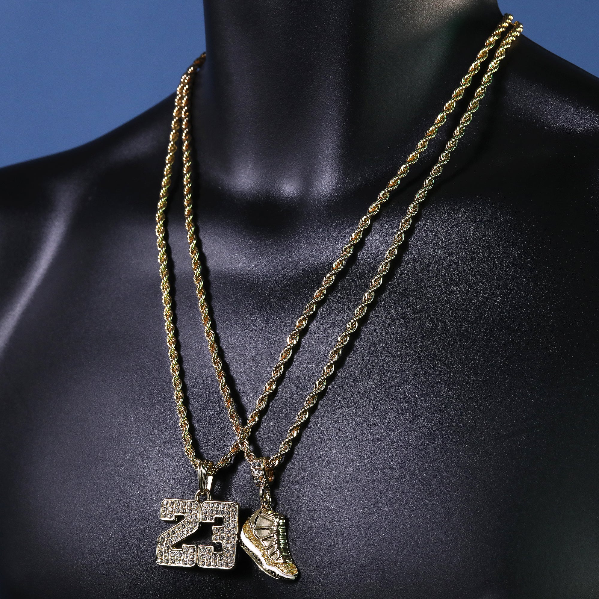 23 & Championship Shoe Pendant Men's Gold Plated 24" Rope Chain Hip-Hop Necklace