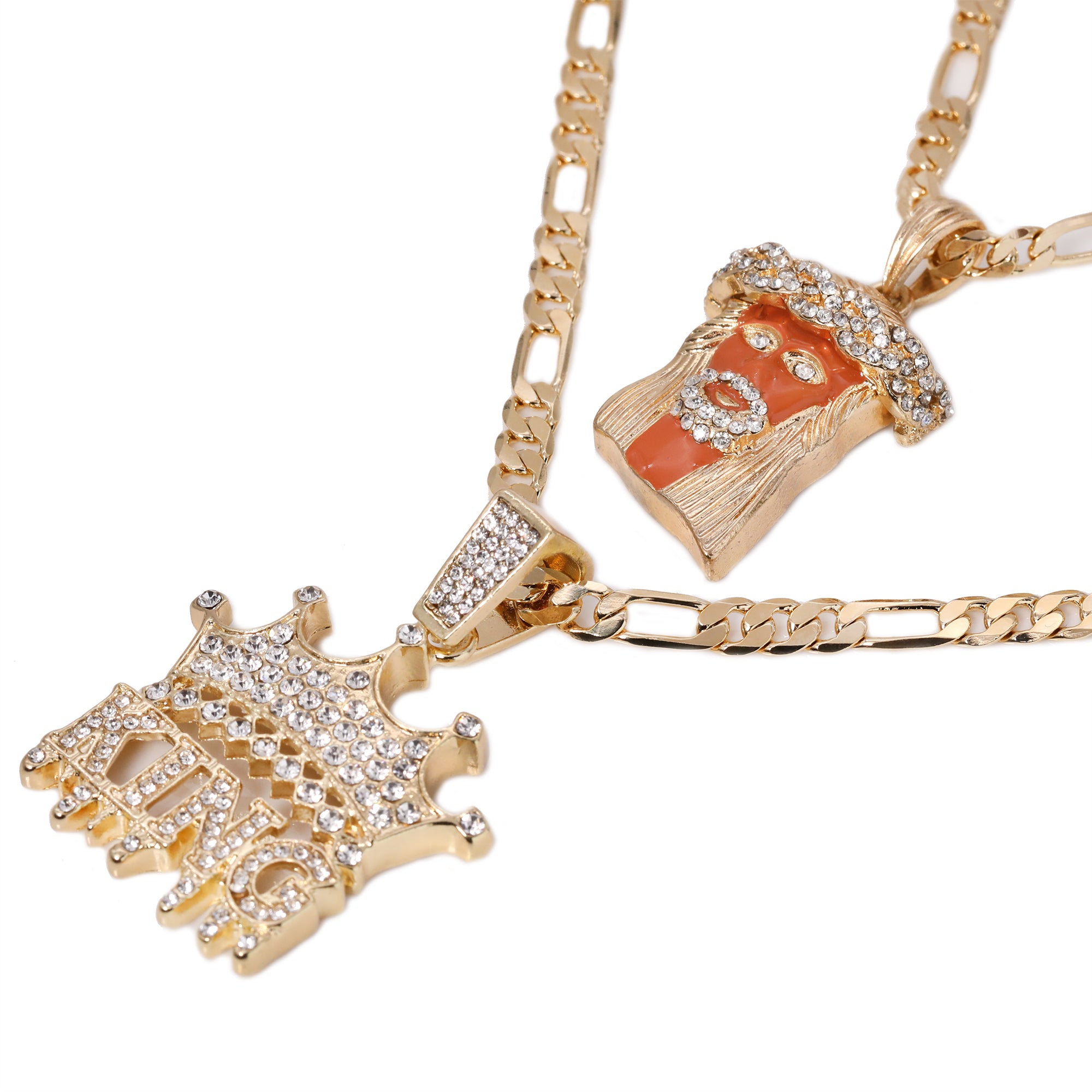 Jesus Face Orange & King Drip Pendant 20, 24" Cubic-Zirconia Gold Plated