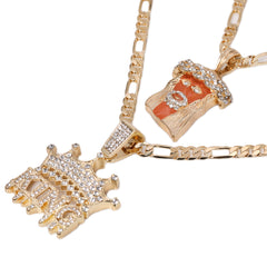 Jesus Face Orange & King Drip Pendant 20, 24" Cubic-Zirconia Gold Plated