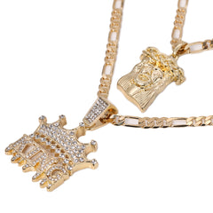 Jesus PlainFace & King Drip Pendant 20, 24" Cubic-Zirconia Gold Plated