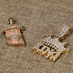 Jesus Face Peach & King Drip Pendant 20, 24" Cubic-Zirconia Gold Plated