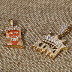 Jesus Face Orange & King Drip Pendant 20, 24" Cubic-Zirconia Gold Plated