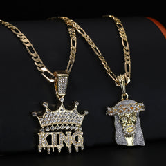 Jesus Stardust Face & King Drip Pendant 20, 24" Cubic-Zirconia Gold Plated