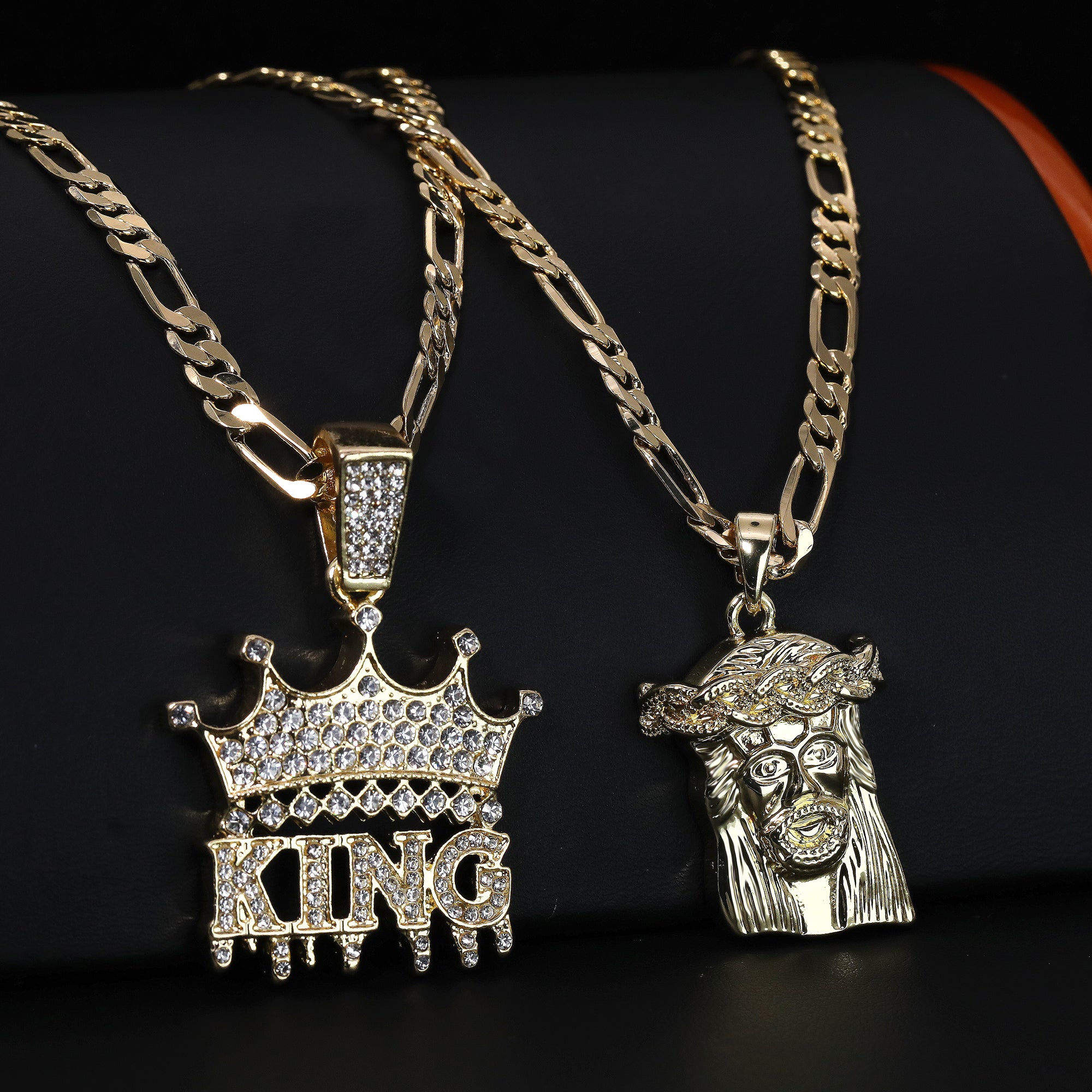 Jesus PlainFace & King Drip Pendant 20, 24" Cubic-Zirconia Gold Plated