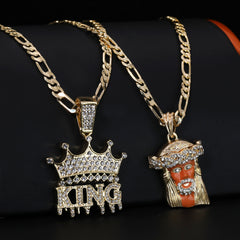 Jesus Face Orange & King Drip Pendant 20, 24" Cubic-Zirconia Gold Plated