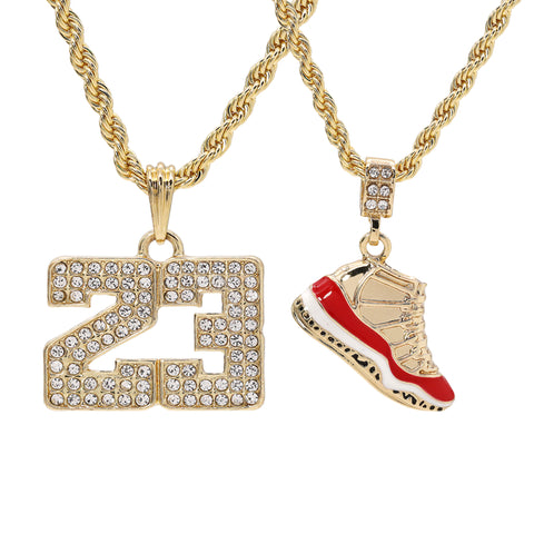 23 & Cherry Shoe Pendant Men's Gold Plated 24" Rope Chain Hip-Hop Necklace
