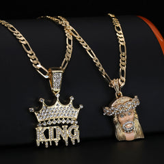 Jesus Face Peach & King Drip Pendant 20, 24" Cubic-Zirconia Gold Plated