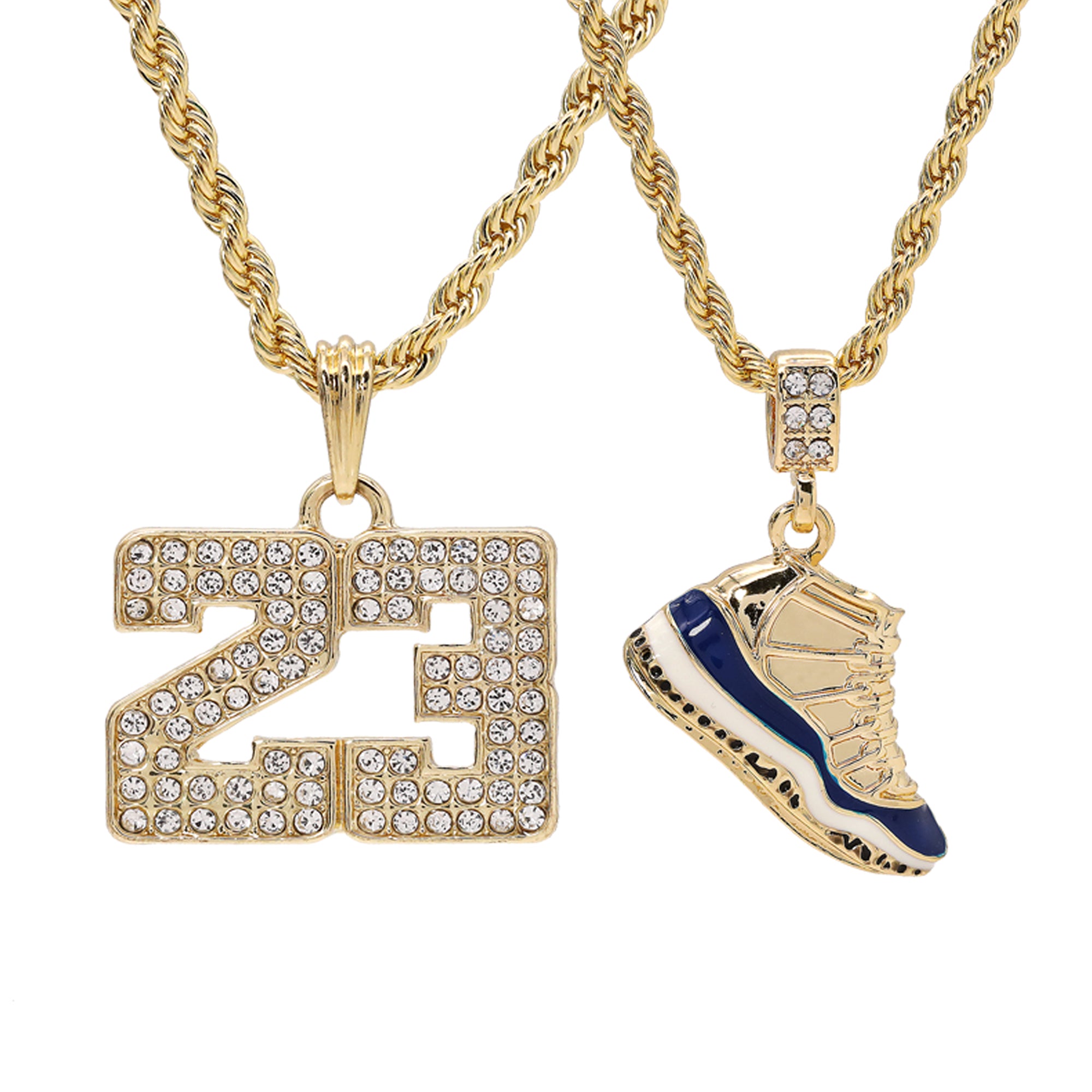 23 & Midnight Blue Shoe Pendant Men's Gold Plated 24 Rope Chain Hip-Hop Necklace