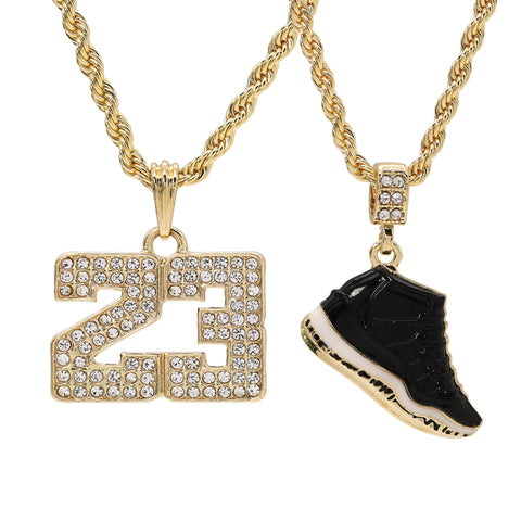 23 & Space Jam Shoe Pendant Men's Gold Plated 24" Rope Chain Hip-Hop Necklace