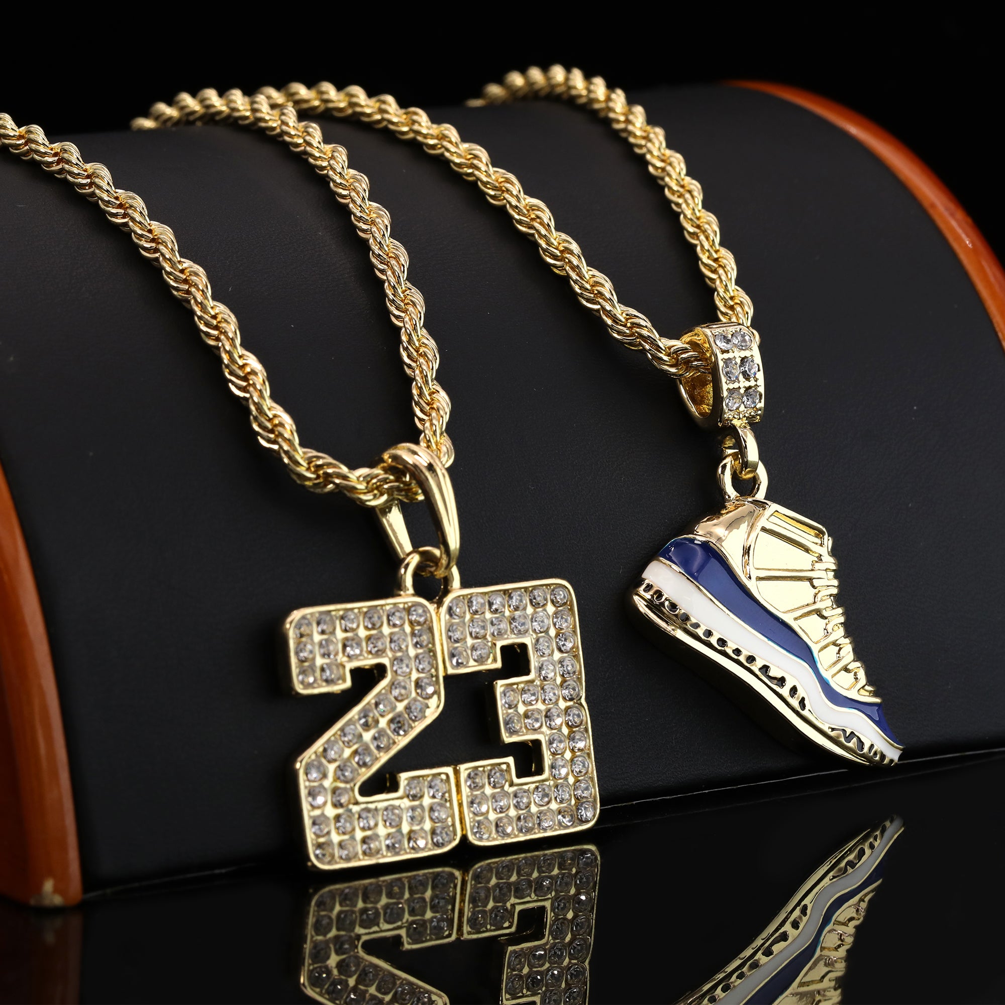 23 & Midnight Blue Shoe Pendant Men's Gold Plated 24 Rope Chain Hip-Hop Necklace