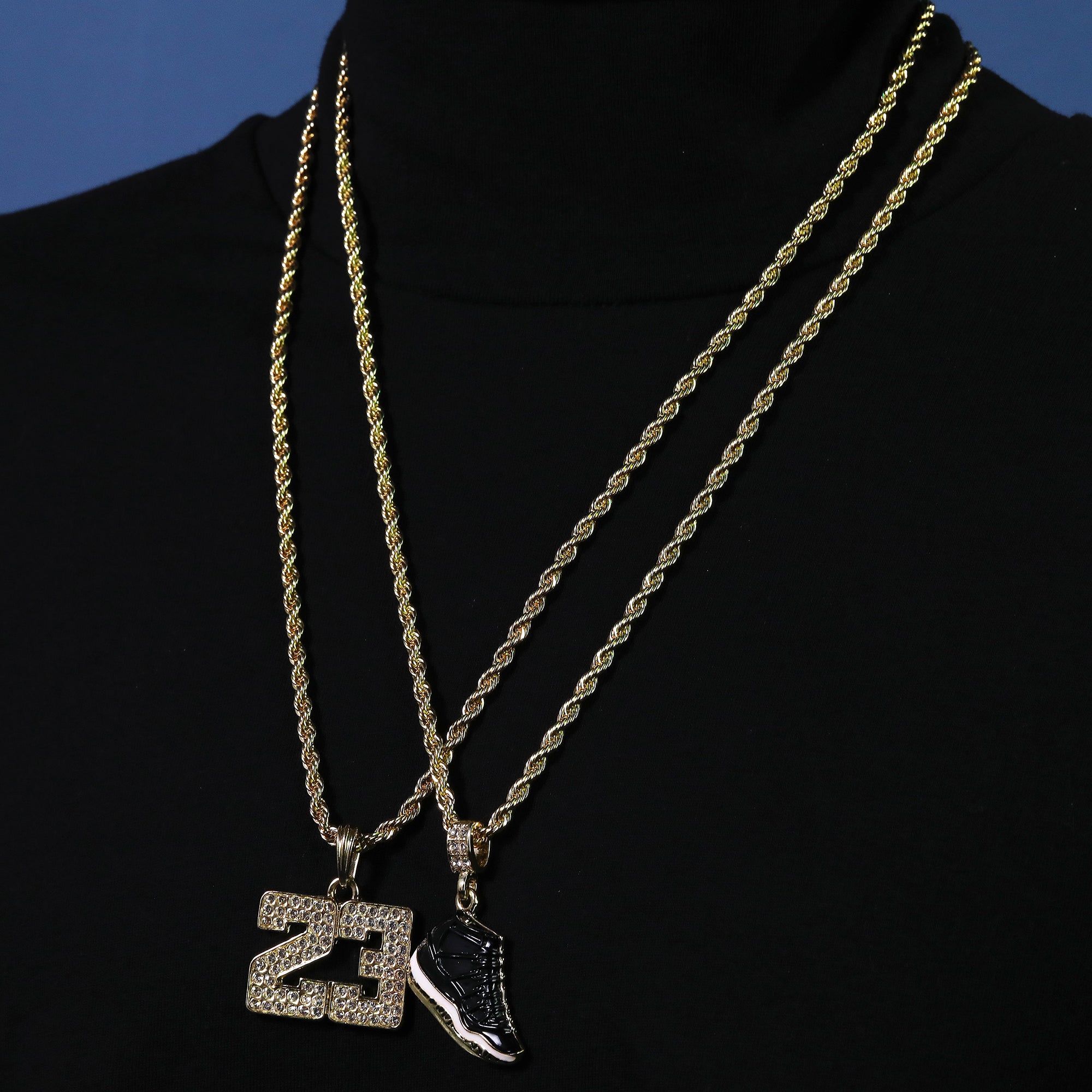 23 & Space Jam Shoe Pendant Men's Gold Plated 24" Rope Chain Hip-Hop Necklace