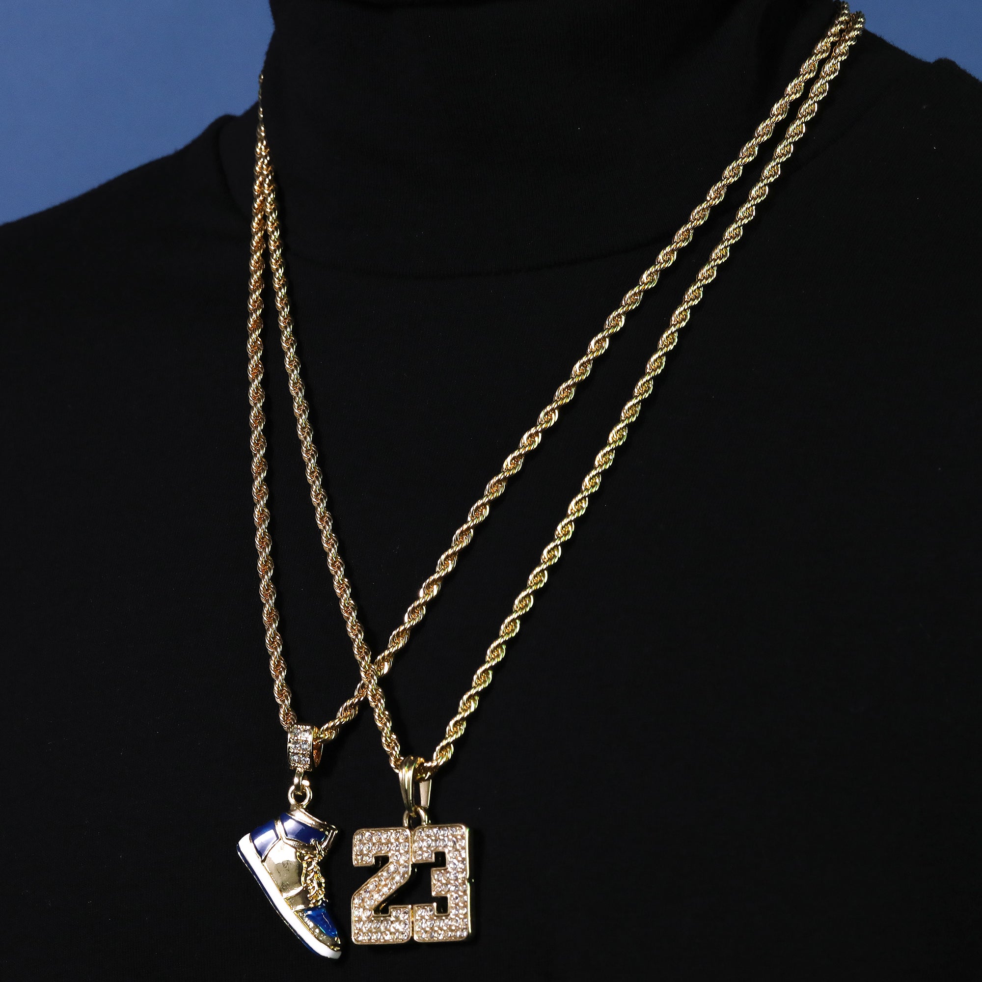 23 & Retro 1 Blue Shoe Pendant Men's Gold Plated 24 Rope Chain Hip-Hop Necklace