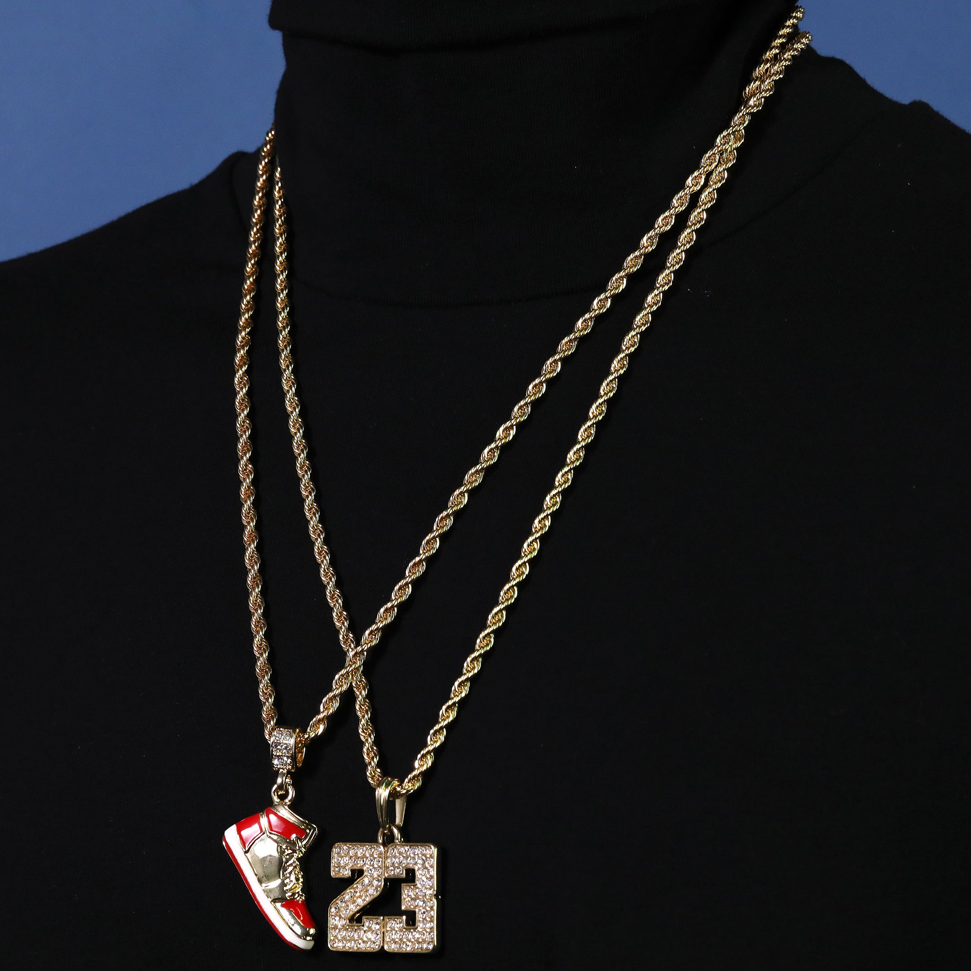 23 & Retro 1 Red Shoe Pendant Men's Gold Plated 24 Rope Chain Hip-Hop Necklace
