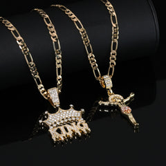 Jesus Crucifix & King Drip Pendant 20, 24" Cubic-Zirconia Gold Plated Figaro Chain