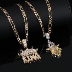 Jesus-Guadalupe & King Drip Pendant 20, 24" Cubic-Zirconia Gold Plated Figaro Chain