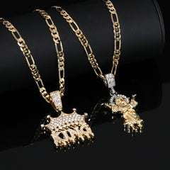 Child Jesus Worship & King Drip Pendant 20, 24" Cubic-Zirconia Gold Plated Figaro Chain