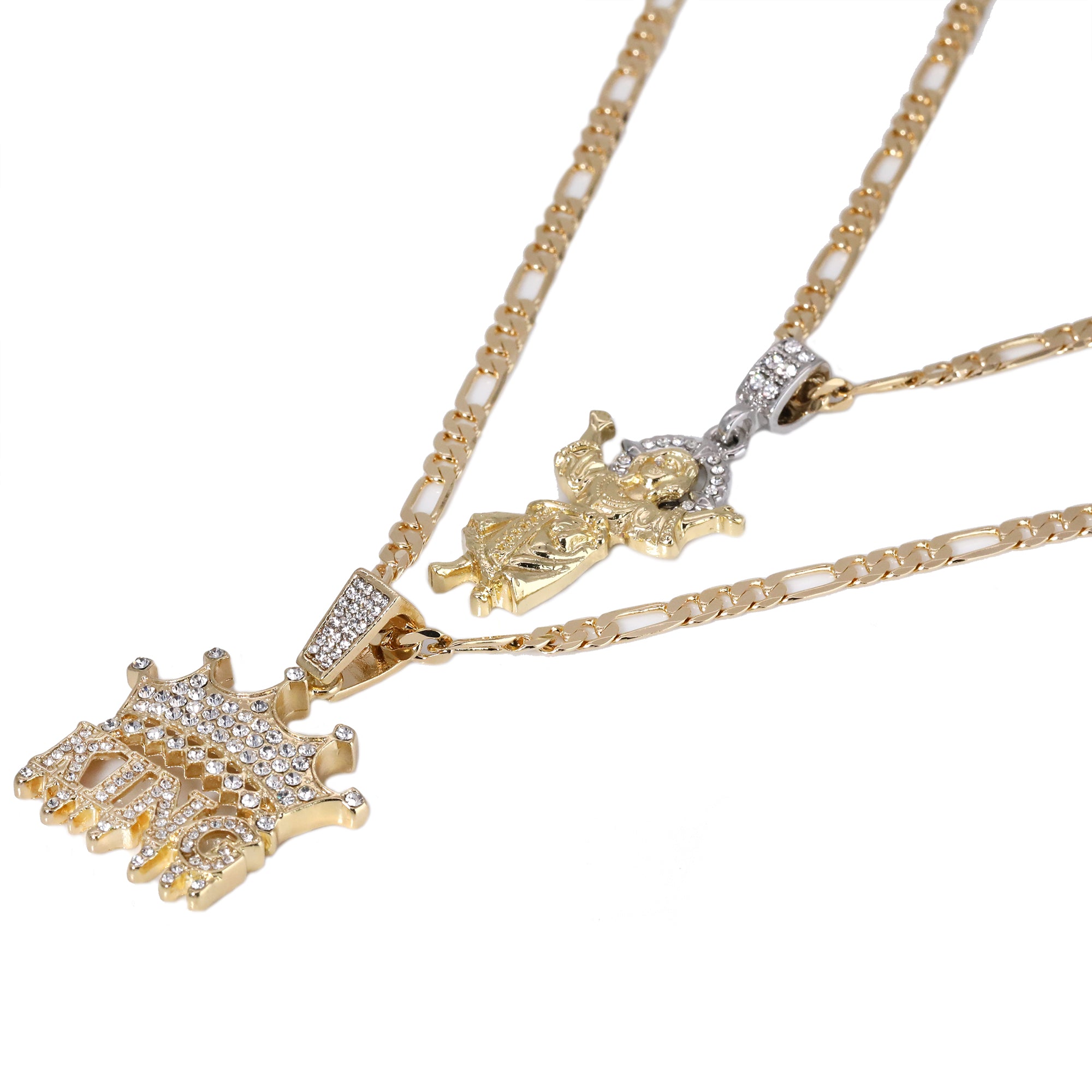 Child Jesus Worship & King Drip Pendant 20, 24" Cubic-Zirconia Gold Plated Figaro Chain