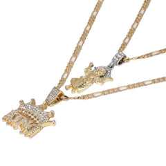 Child Jesus Worship & King Drip Pendant 20, 24" Cubic-Zirconia Gold Plated Figaro Chain