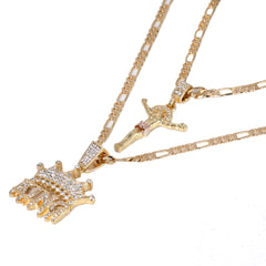 Jesus Crucifix & King Drip Pendant 20, 24" Cubic-Zirconia Gold Plated Figaro Chain