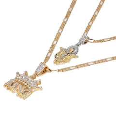 Jesus-Guadalupe & King Drip Pendant 20, 24" Cubic-Zirconia Gold Plated Figaro Chain