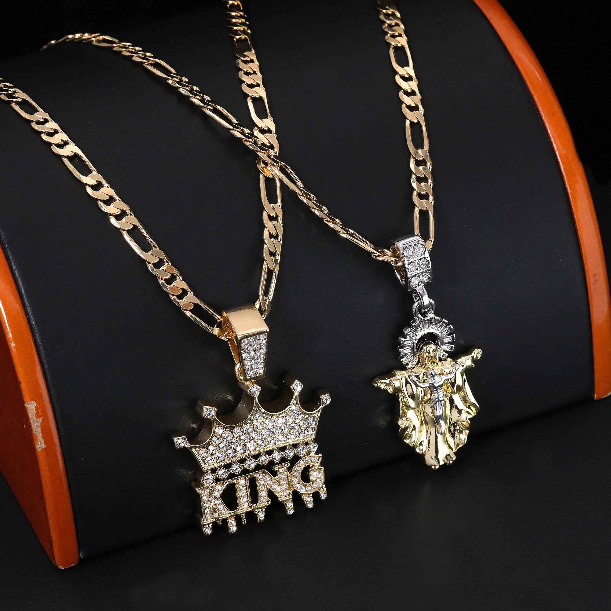 Jesus-Guadalupe & King Drip Pendant 20, 24" Cubic-Zirconia Gold Plated Figaro Chain