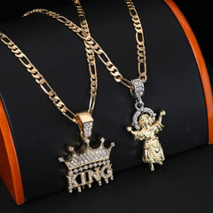 Child Jesus Worship & King Drip Pendant 20, 24" Cubic-Zirconia Gold Plated Figaro Chain