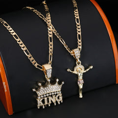 Jesus Crucifix & King Drip Pendant 20, 24" Cubic-Zirconia Gold Plated Figaro Chain