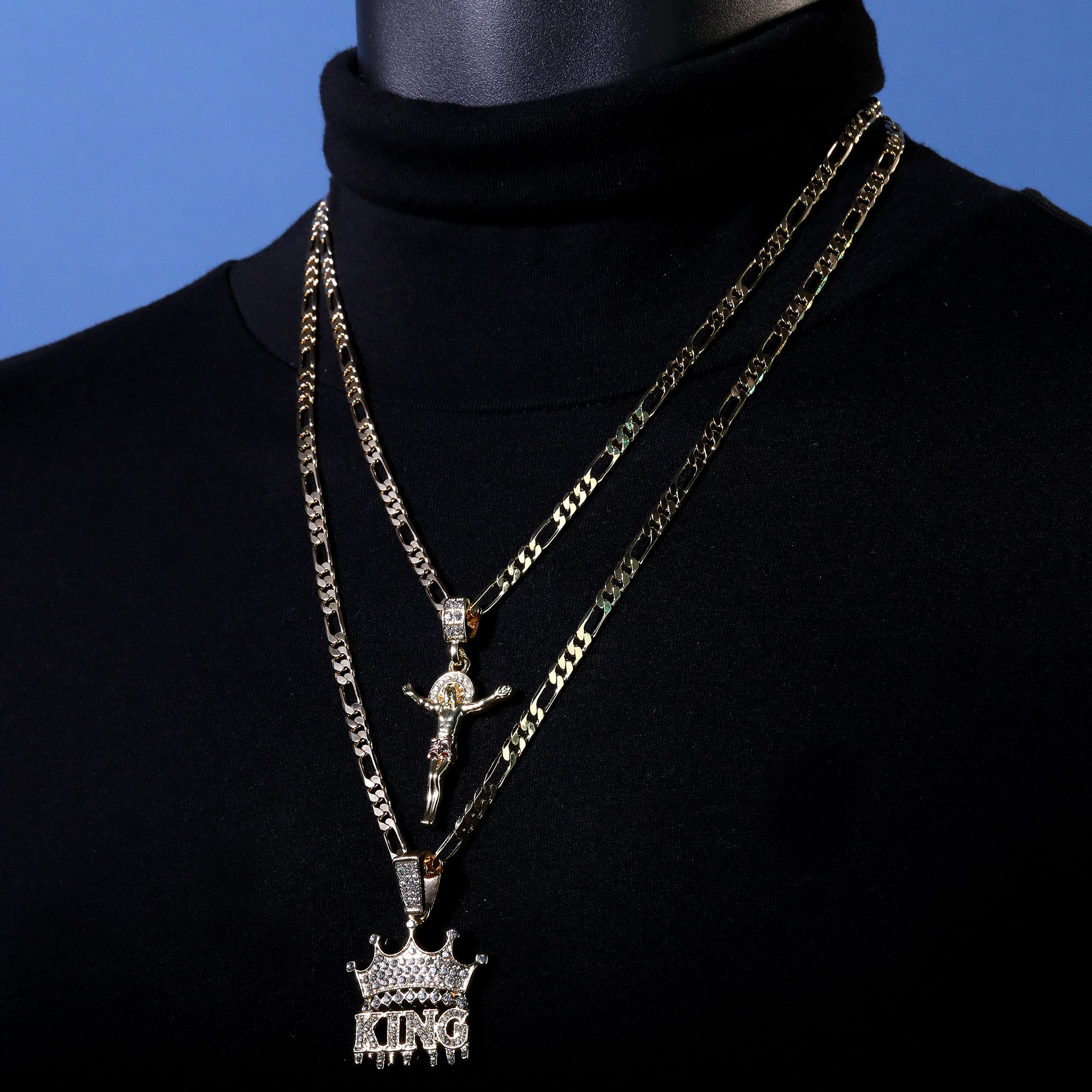 Jesus Crucifix & King Drip Pendant 20, 24" Cubic-Zirconia Gold Plated Figaro Chain