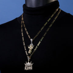 Child Jesus Worship & King Drip Pendant 20, 24" Cubic-Zirconia Gold Plated Figaro Chain