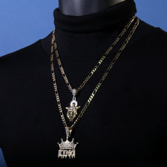 Jesus-Guadalupe & King Drip Pendant 20, 24" Cubic-Zirconia Gold Plated Figaro Chain