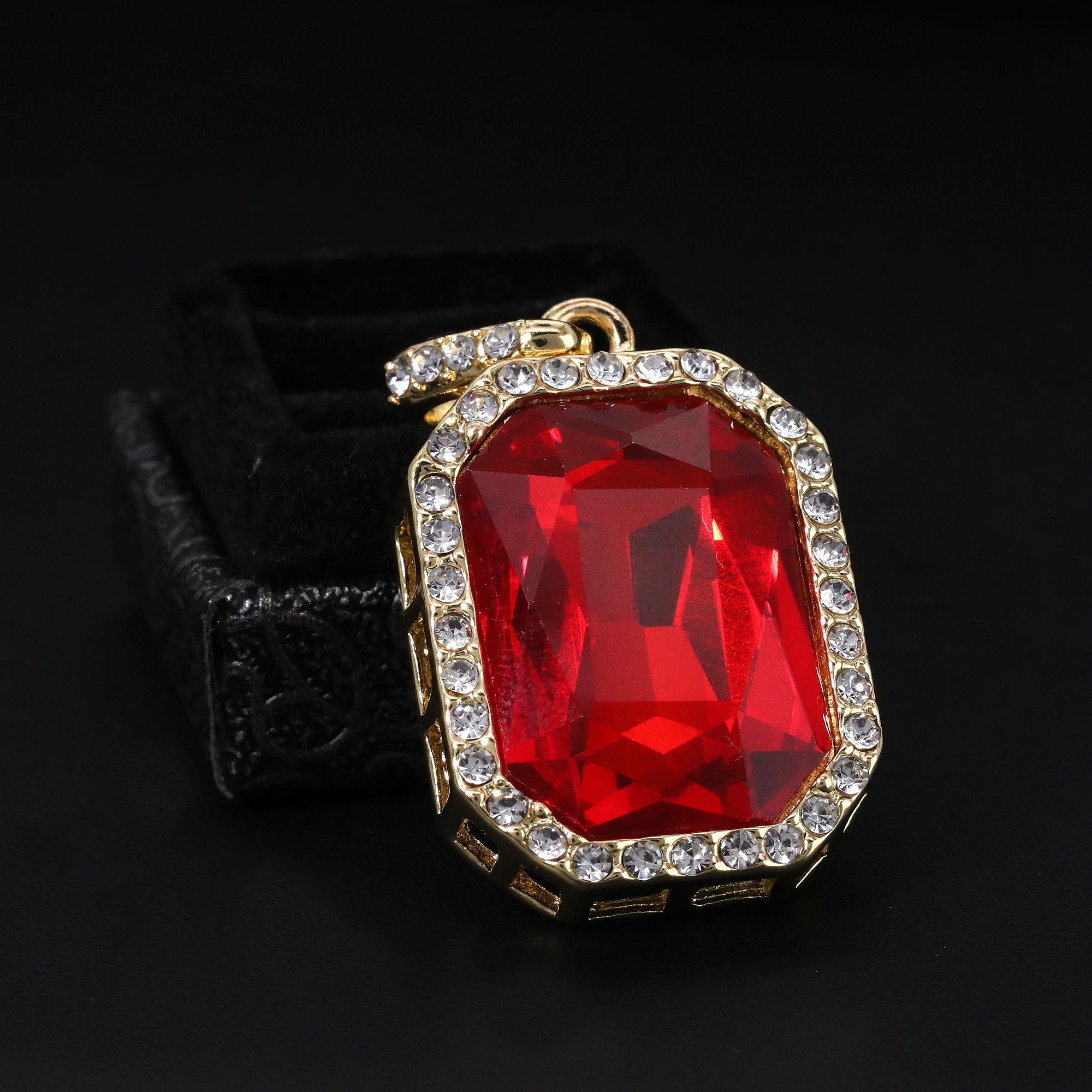 Gold Plated Red Stone & Iced World Globe Pendant Cubic-Zirconia Rope Chain