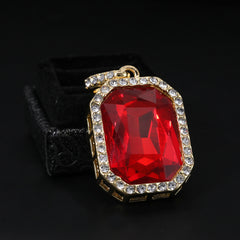 Gold Plated Red Stone & Iced Flat Cross Pendant Cubic-Zirconia Rope Chain