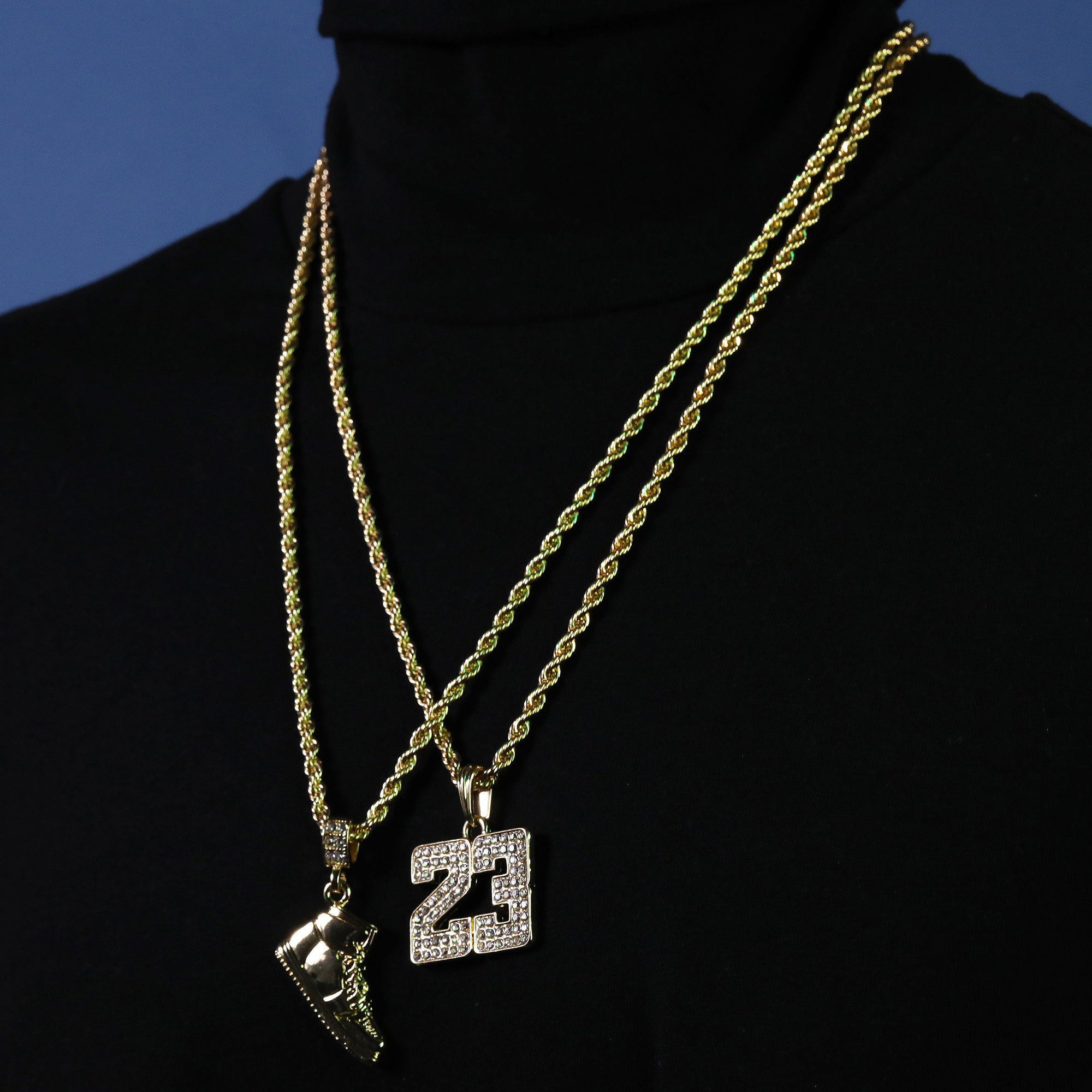 23 & Clear Retro Shoe Pendant Men's Gold Plated 24 Rope Chain Hip-Hop Necklace