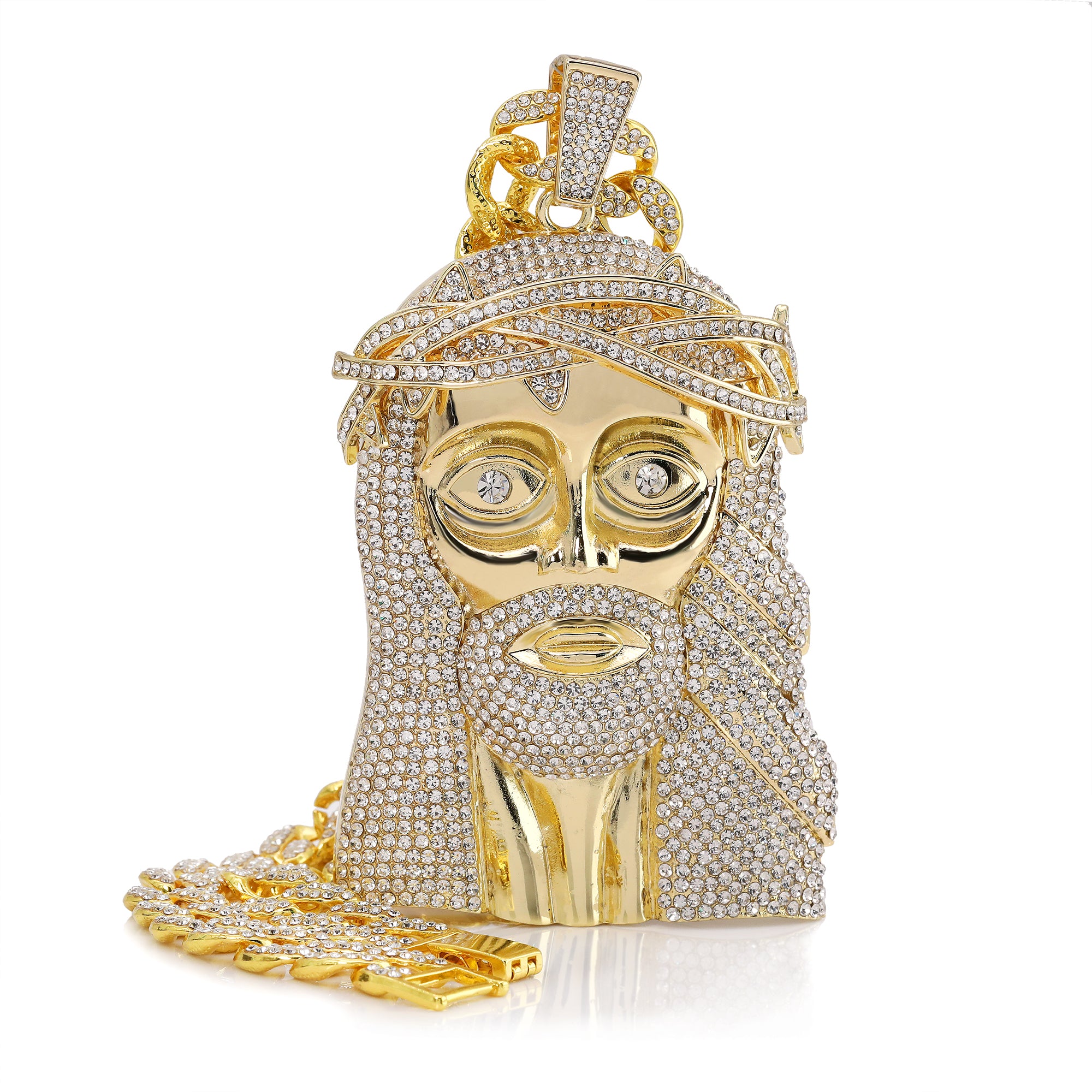 Large Jumbo "Crowned Jesus Face" 14k Gold Plated Pendant & Cuban Chain Necklace - Full Prong CZ