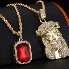 Gold Plated Red Stone & Crowned Bearded Jesus Pendant Cubic-Zirconia Rope Chain