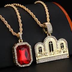 Gold Plated Red Stone & Last Supper Temple Pendant Cubic-Zirconia Rope Chain