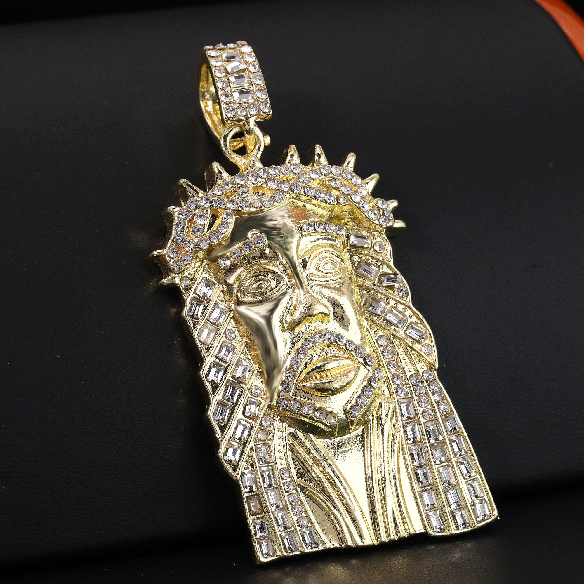 Gold Plated Red Stone & Thorn Crown Jesus Face Pendant Cubic-Zirconia Rope Chain