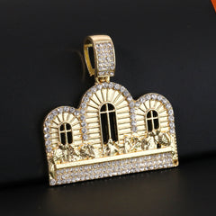 Gold Plated Red Stone & Last Supper Temple Pendant Cubic-Zirconia Rope Chain