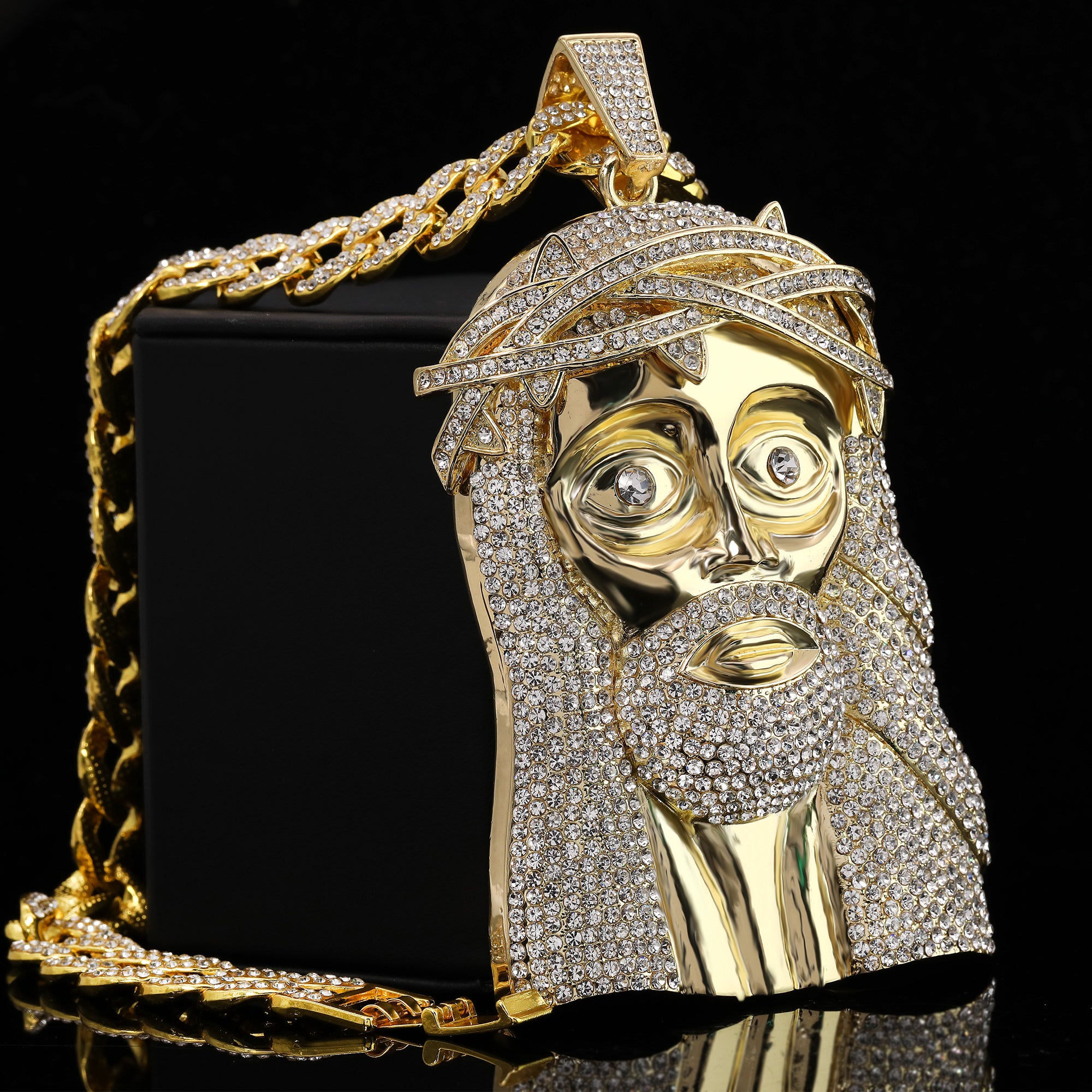 Large Jumbo "Crowned Jesus Face" 14k Gold Plated Pendant & Cuban Chain Necklace - Full Prong CZ