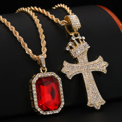 Gold Plated Red Stone & Crown Sharp Cross Pendant Cubic-Zirconia Rope Chain