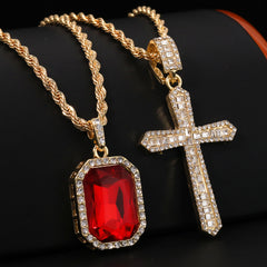 Gold Plated Red Stone & Thin Sharp Cross Pendant Cubic-Zirconia Rope Chain